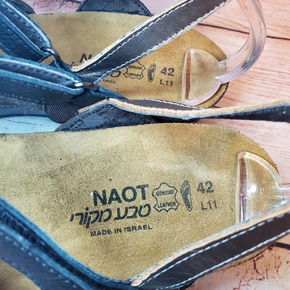 Naot Womens EU 42 US 11 Hero Black/Walnut Leather Wedge Strappy Sandals